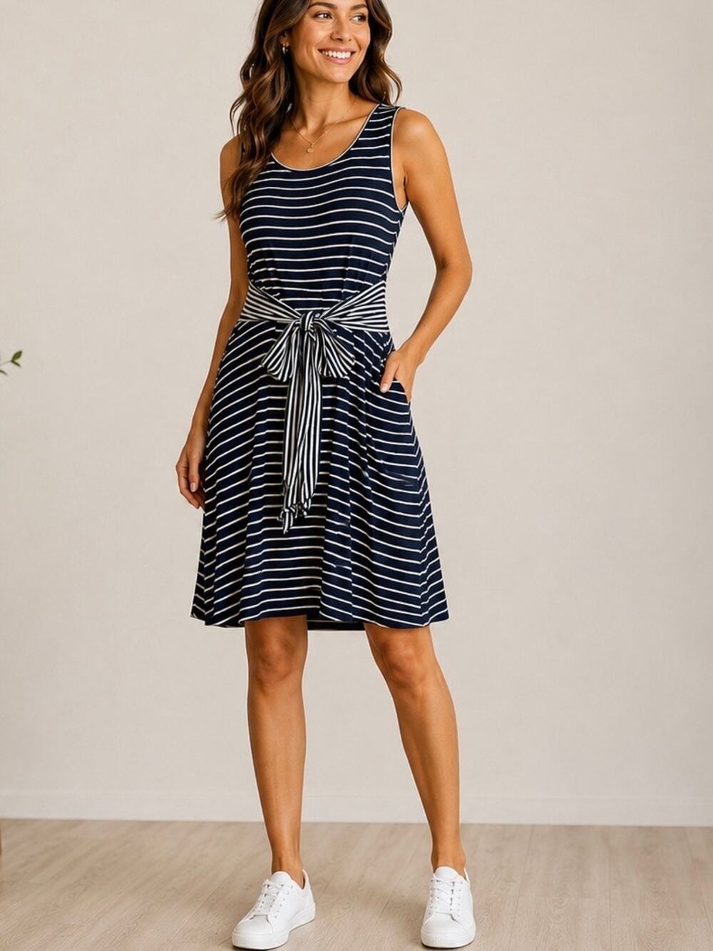 NWT MAX STUDIO Striped Jersey Sleeveless Tie Front Tank Dress Navy Large
